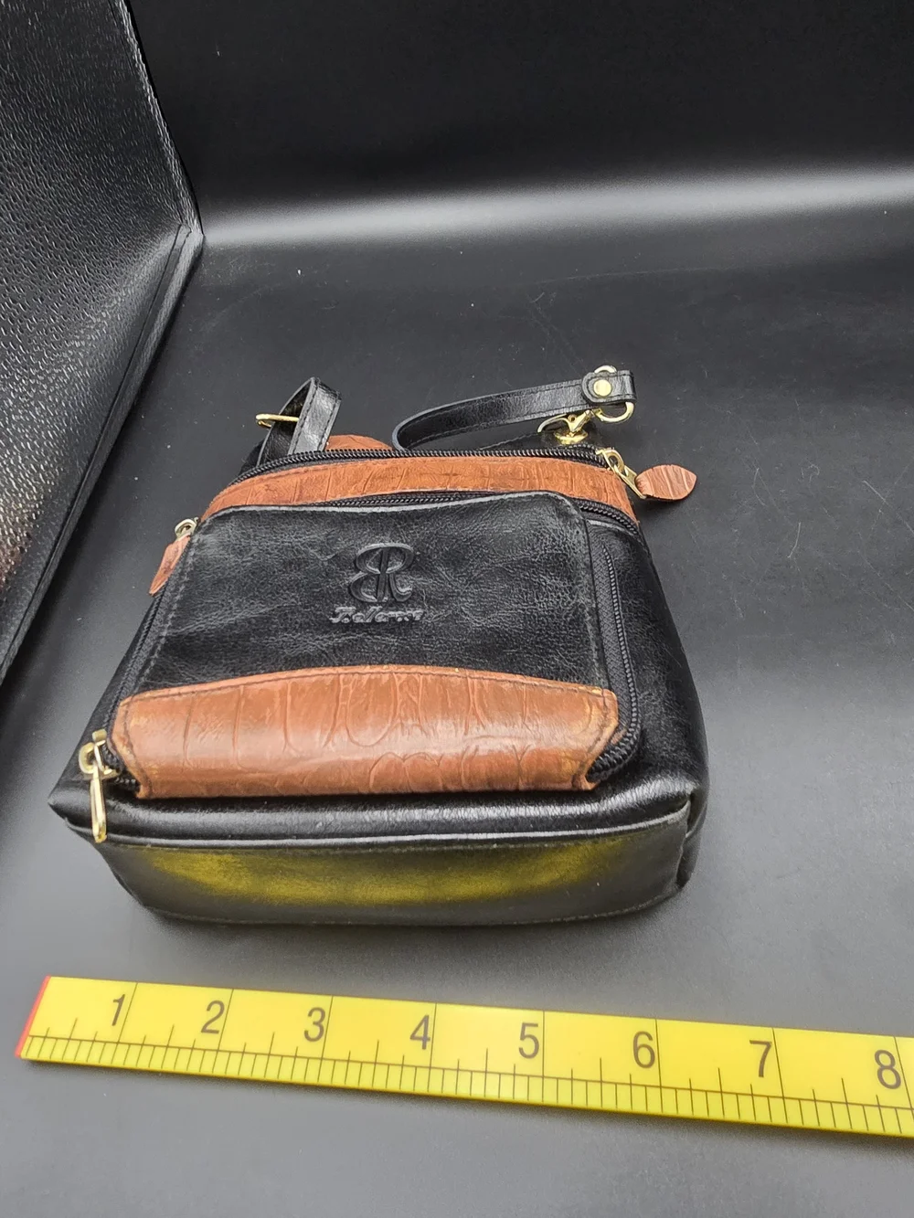 Two-Tone Black & Brown Crossbody Organizer with Gold Hardware